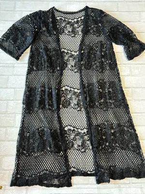 Black Sheer Lace Mesh Kimono Cardigan Beach Coverup Boho Festival thumbnail 1