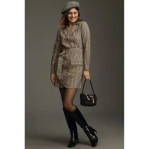 Anthropologie PILCRO Belted Blazer Dress Plaid Glen Check Brown Pockets Medium thumbnail 4