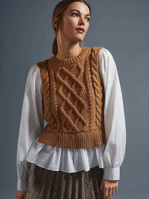 By Anthropologie Cable Knit Sweater Vest & Blouse Layered Top Size Medium thumbnail 2