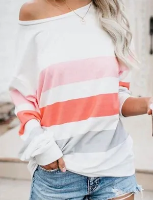 Dew Shoulder Stripe Long Sleeve Sweatshirt Women’s Large White NWOT Lightweight thumbnail 1