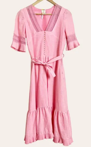 Vintage Pink Lace Trim Ruffle Flounce Hem Belted Midi Dress S thumbnail 1