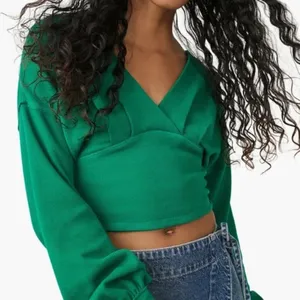 We the Free Kelly Green Cropped Wrap Top V-Neck Longsleeve Blouse Size XS thumbnail 2