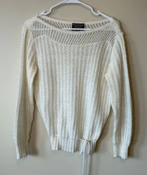 Mademoiselle Women Sweater Cream Open Knit Drawstring Hem Boat Neck Vintage L thumbnail 1