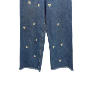 Desigual Embroidered Daisy Cropped Culotte Jeans‎ Wide Leg Blue Denim 40 US 8 thumbnail 4
