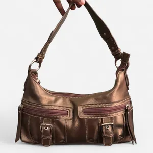 Y2K Brown Gold Metallic Leather Cargo Buckles Shoulder Hobo Hand Bag Purse Satchel Top Handle O-Ring Silver Accents #Grunge #Cyber #Goth #Punk #Acubi Vintage Mcbling Preppy Measurement in pics Great condition thumbnail 1
