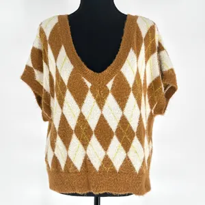 Free People Sweater Vest Women's Through the Motion Argyle Boxy Tan Cream Medium thumbnail 3