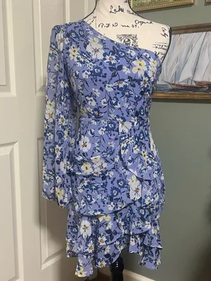 ASTR Floral One Shoulder Periwinkle Ruffle Mini Dress Size Large thumbnail 5
