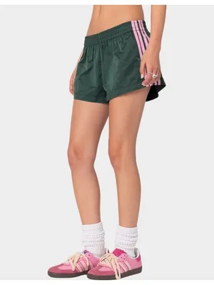 Edikted Nikki Nylon Shorts Dark Green Pink Side Stripe Y2K Athletic Size L thumbnail 2