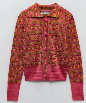 Zara Women's‎ S Knit Jacquard Polo Sweater Button Down Cardigan thumbnail 1