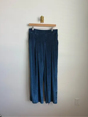Halara Ribbed Velvet Palazzo Pants Blue Teal High Waisted Wide Leg Pull On Large thumbnail 2