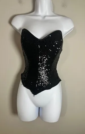 Leg Avenue Women Black Sequin Corset Top Sweetheart Neck Medium Strapless Zipper thumbnail 1