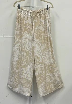 Ellen Tracy Floral Paisley Wide Leg Lounge Pants Smocked Waist Large Tan White thumbnail 1