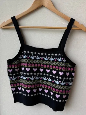 Anthropologie Maeve Sleeveless Cropped Knit Sweater Heart Dove Print Tank Top thumbnail 2