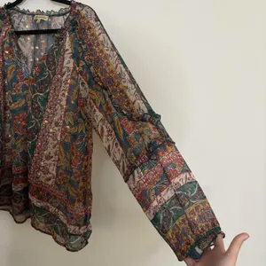Democracy floral BoHo printed metallic thread sheer peasant blouse tunic thumbnail 5