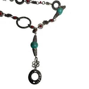Silver Tone Faux Turquoise Red Floral Metal Boho Bohemian Chain Belt One Size thumbnail 3