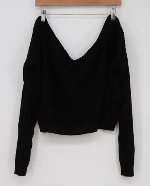 PrettyLittleThing Black Off Shoulder Cropped Knit Sweater V-Neck Ribbed M/L thumbnail 1