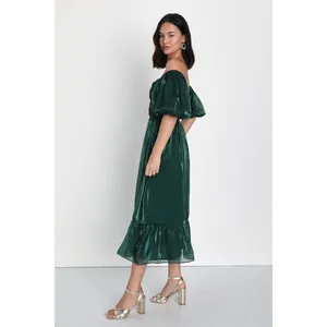 NWOT Lulus Remarkable Sensation Emerald Green Puff Sleeve Tiered Midi Dress Sz S thumbnail 5