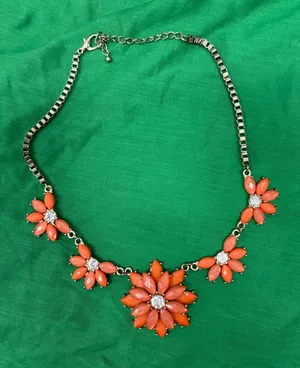Silver Tone Statement Necklace w/ Orange Flower Rhinestone Pendant Box Chain thumbnail 1