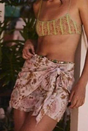 Free People Sweet As Beach Linen Wrap Mini Skirt Coverup Pink Combo Size 10 thumbnail 1