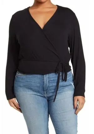 Sanctuary Wrap Top‎ Ribbed Ballet Black Tie Waist Long Sleeve 2X Plus Size thumbnail 1