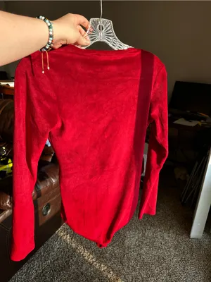 Modcloth Red Wrap-Front Long-Sleeve Bodysuit Top Velvet Velour thumbnail 3
