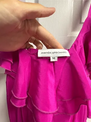 Amanda Uprichard Hot Pink 100% Silk Maxi Dress W/ Ruffled Neckline Medium thumbnail 3