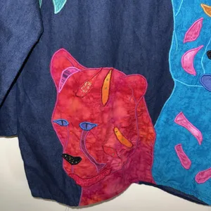 Alfredo's Wife Vintage Denim Tunic‎ Shirt Sz Small Colorful Leopards Folk Art thumbnail 3