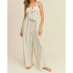 ✨MIOU MUSE sailor striped tie front jumpsuit in beige Sz Medium✨ White thumbnail 4