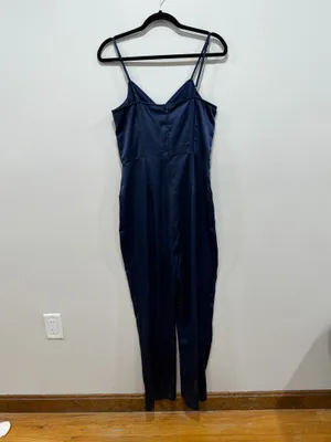 Lulus Navy Satin Jumpsuit Spaghetti Strap Wide Leg Elegant Evening Size medium thumbnail 5