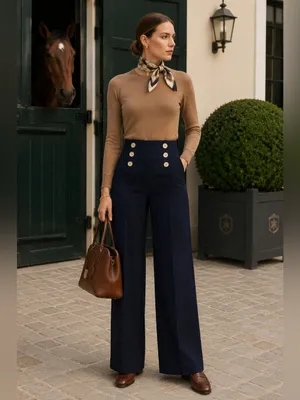 Ralph Lauren high waist Navy Sailor Pants Wide Leg Silk Cotton Blend Old Money 6 thumbnail 5