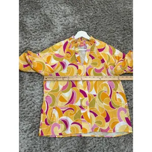 THML Women’s Yellow Pink Abstract Swirl Puff Sleeve V-Neck Blouse Top Size M thumbnail 12