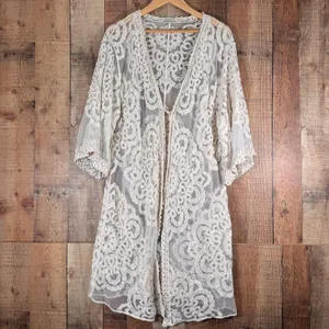 Veveret Ivory Floral Lace Kimono Duster Sheer Boho Bridal Swim Cover Up M/L thumbnail 2