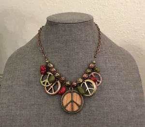 RARE Y2K Unique Boho hippie indie peace sign charms beaded metal necklace brown red green Measurement in pics thumbnail 1