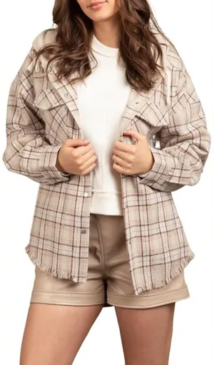 NEW IN Oversized Flannel Button Down Plaid Jacket Raw Hem NWT Tan Size M thumbnail 1