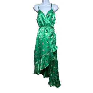Lulu’s Chic Style Green Floral Jacquard Satin High-Low Midi Wrap Dress Sz. S thumbnail 4