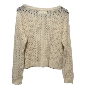 Y2K Abercrombie Women Cropped Sweater‎ M Cream Open Knit Wool Blend Cottagecore thumbnail 2