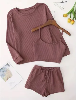 3 Piece Lounge Set, Long Sleeve Top, Cami Top & Elastic Waistband Shorts thumbnail 1