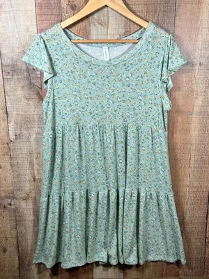 Honeyme Sage Green Ditsy Floral Knit Tiered Babydoll Mini Dress Small Flutter thumbnail 1