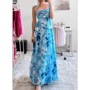Abercrombie & Fitch Blue Print Ruched Tiered Babydoll Maxi Dress Size S NWT thumbnail 2