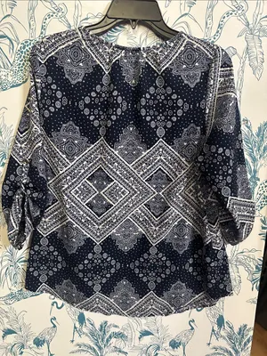 Espresso Navy and White Printed Peasant Blouse Blue Size M thumbnail 7