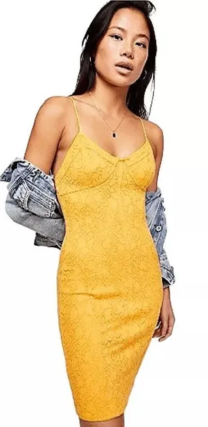 Free People Light Me Up Golden Yellow Floral Lace Slip Bodycon Dress Large thumbnail 1
