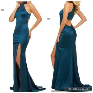 Sherri Hill Formal Gown Size 00 Teal Satin Open Back High Slit Prom Dress Party thumbnail 2