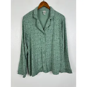Hanna Andersson Pajamas L Green Bunny Rabbit Modal Button Down Pant Set Womens thumbnail 2