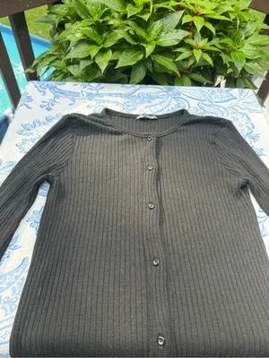 Zara Black Ribbed Button-Front Long Sleeve Dress size m medium thumbnail 6