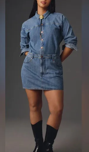 Anthropologie Pilcro Long-Sleeve Denim Micro Mini Shirt Dress Large thumbnail 4