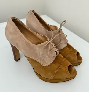 J Crew Peep Toe Suede Oxford Heels Tan Camel Two Tone Size 8 thumbnail 1