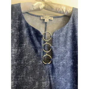 Chelsea Taylor 2X Blue Faux Denim Dress Lace Trim Ring Neck Stretch Midi Plus thumbnail 3