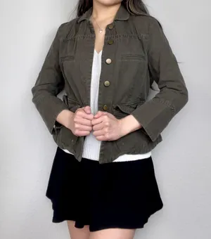Dark Olive Green Three-Quarter-Sleeve Button-Up Fitted Field Jacket thumbnail 1