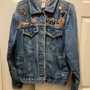 Embroidered Denim Jacket with zoo animal embroidery large thumbnail 1