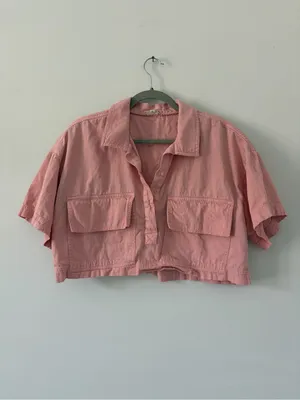 Anthropologie Pilcro Pink Short Sleeve Cropped Boxy Outdoorsy Blouse M thumbnail 2